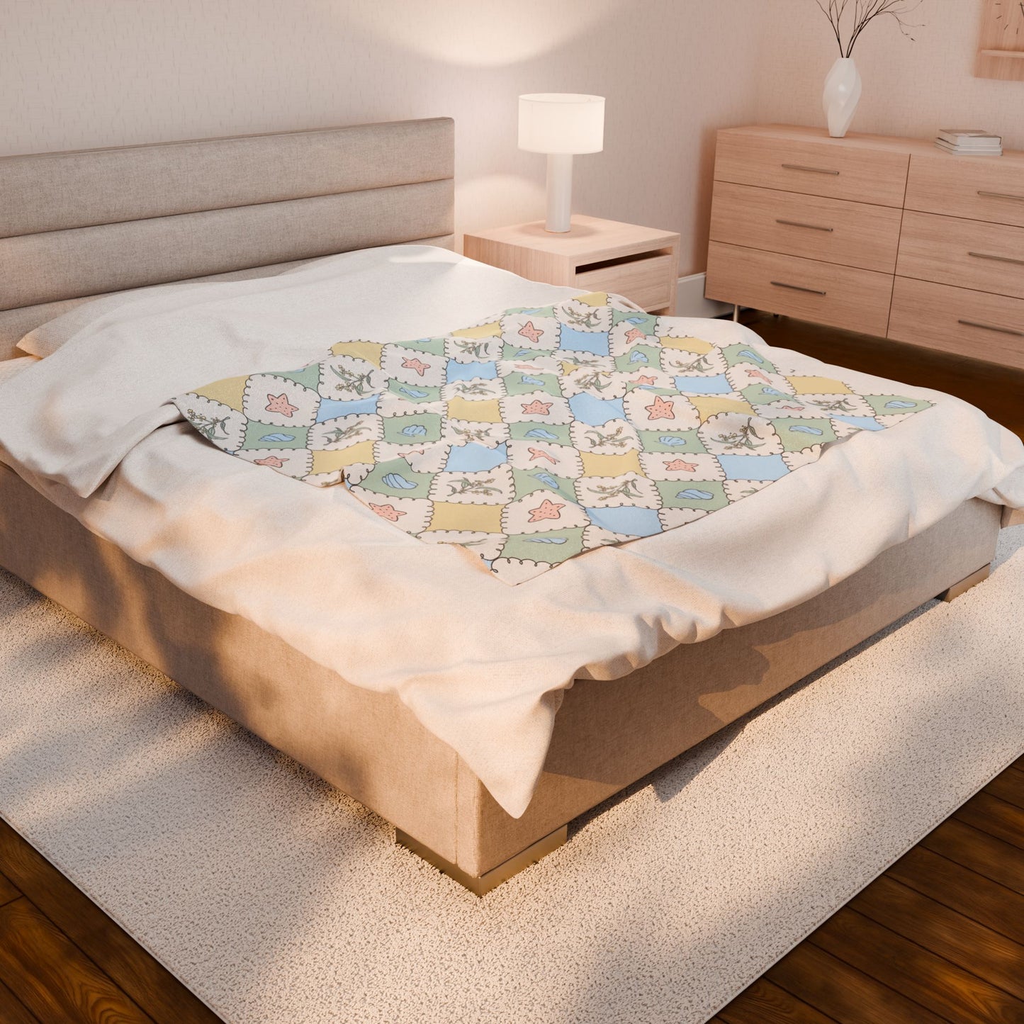 Pastel Patchwork Seashells Velveteen Plush Blanket | Coastal Nursery Throw