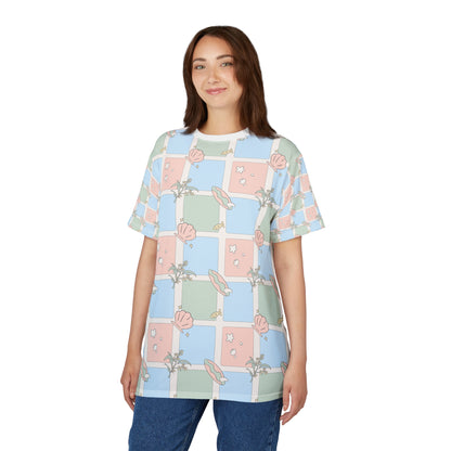 Pastel Beach Pattern Tee Australian Seashell & Palm All-Over Print Shirt