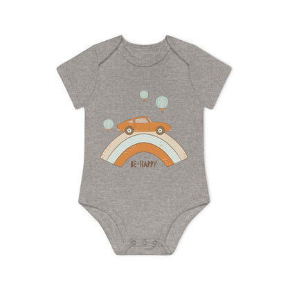 Vintage Car & Pastel Rainbow Organic Baby Onesie - Be Happy Print