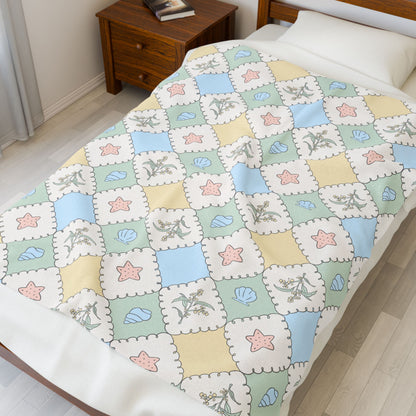 Pastel Patchwork Seashells Velveteen Plush Blanket | Coastal Nursery Throw