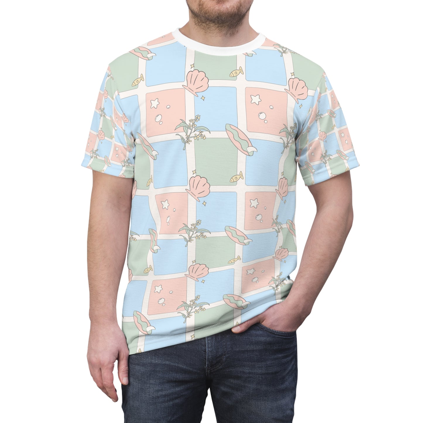 Pastel Beach Pattern Tee Australian Seashell & Palm All-Over Print Shirt