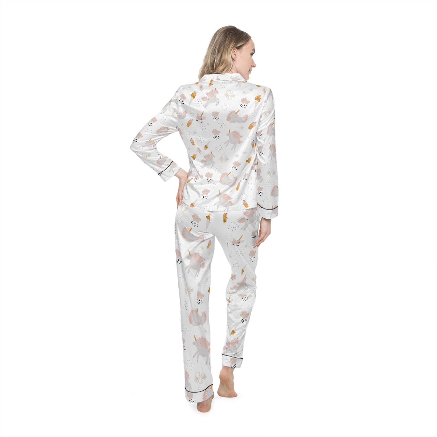Satin Women’s Pajama Set – Unicorn & Cupcake Design Sleepwear