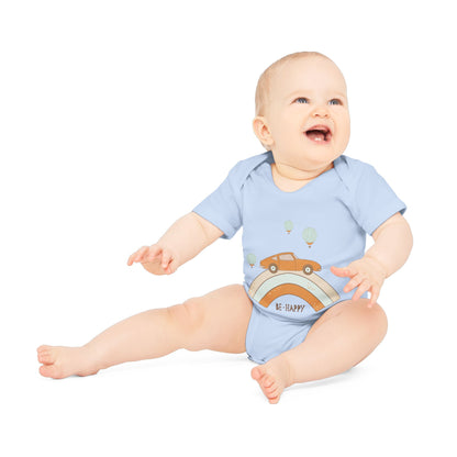 Vintage Car & Pastel Rainbow Organic Baby Onesie - Be Happy Print