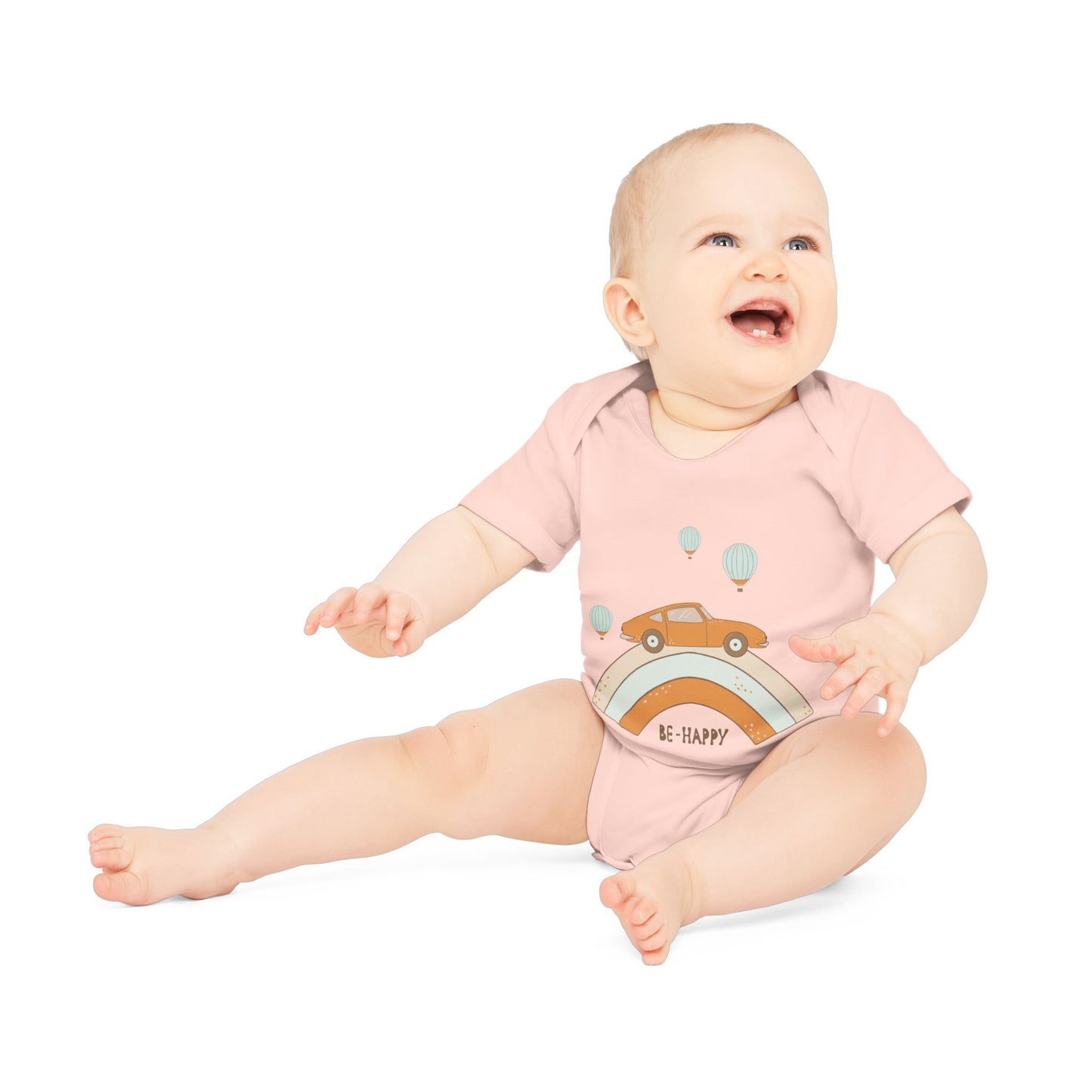 Vintage Car & Pastel Rainbow Organic Baby Onesie - Be Happy Print