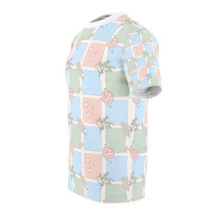 Pastel Beach Pattern Tee Australian Seashell & Palm All-Over Print Shirt