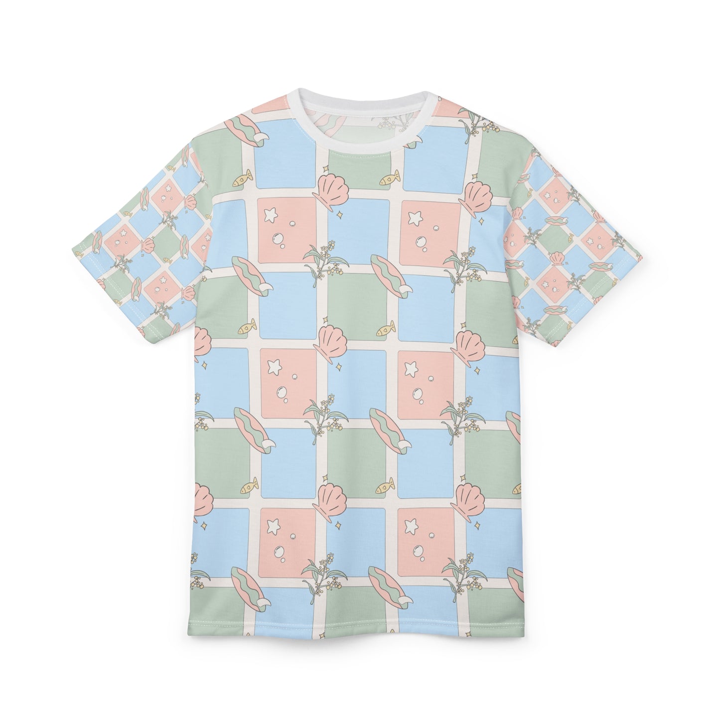 Pastel Beach Pattern Tee Australian Seashell & Palm All-Over Print Shirt
