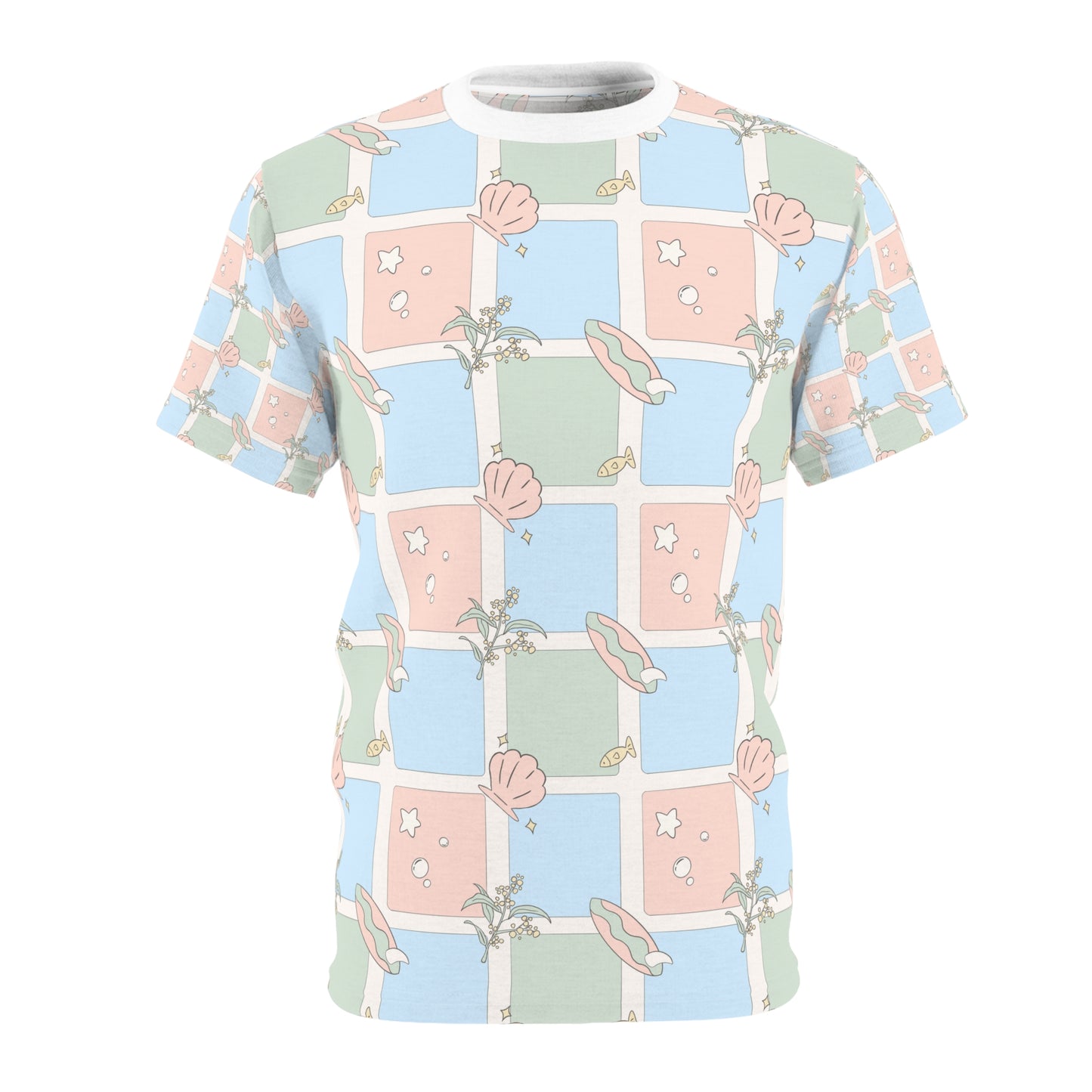 Pastel Beach Pattern Tee Australian Seashell & Palm All-Over Print Shirt