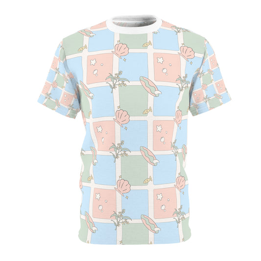 Pastel Beach Pattern Tee Australian Seashell & Palm All-Over Print Shirt