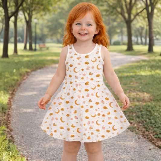 Golden Moon & Star Print Sundress Soft Comfy Summer Dress