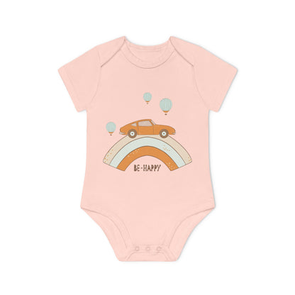 Vintage Car & Pastel Rainbow Organic Baby Onesie - Be Happy Print
