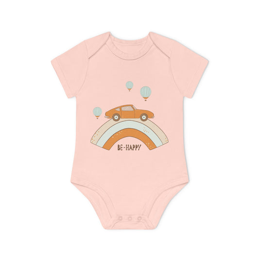 Vintage Car & Pastel Rainbow Organic Baby Onesie - Be Happy Print