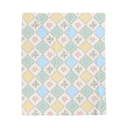Pastel Patchwork Seashells Velveteen Plush Blanket | Coastal Nursery Throw