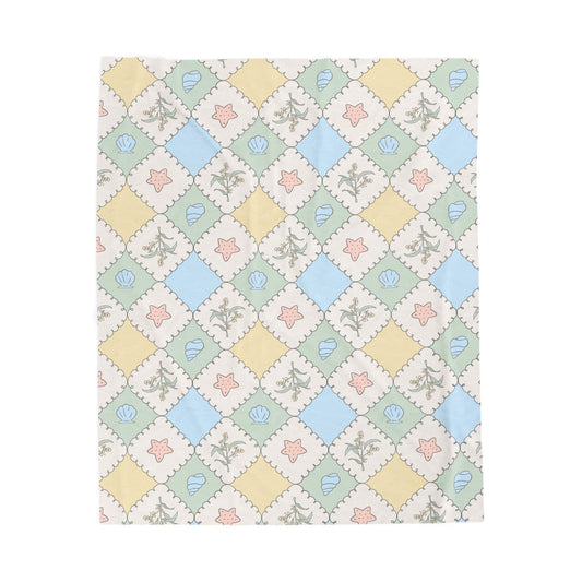 Pastel Patchwork Seashells Velveteen Plush Blanket | Coastal Nursery Throw