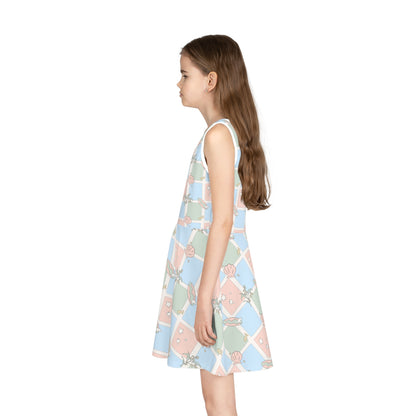 Girls Sleeveless Sundress Australian Pastel Floral Check AOP Dress