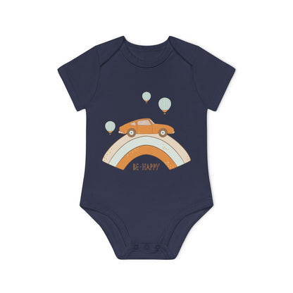 Vintage Car & Pastel Rainbow Organic Baby Onesie - Be Happy Print