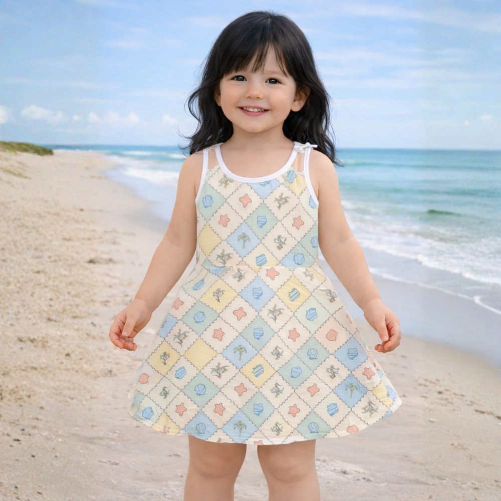 Patchwork Floral Seashell Print Girls Sundress Soft Summer