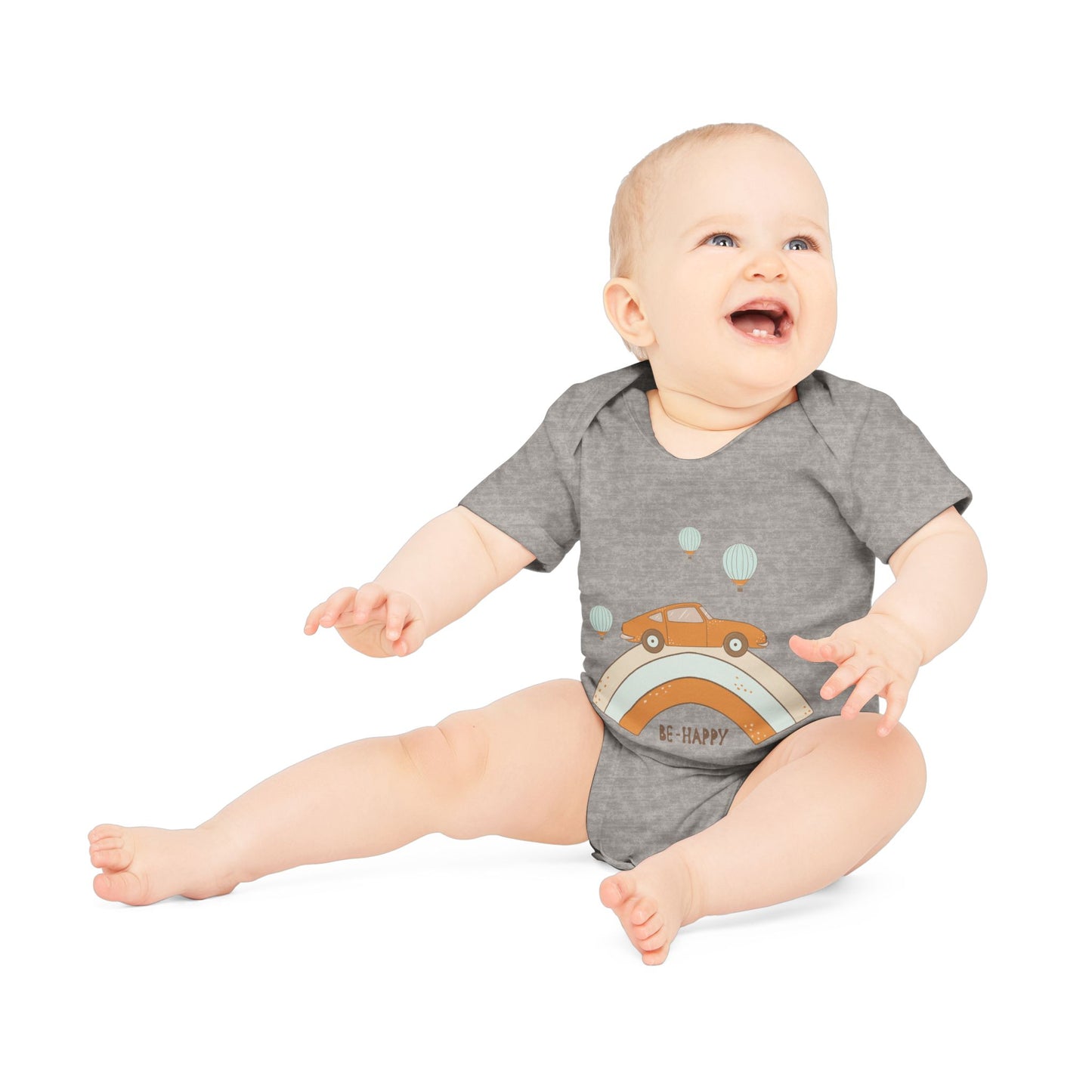Vintage Car & Pastel Rainbow Organic Baby Onesie - Be Happy Print
