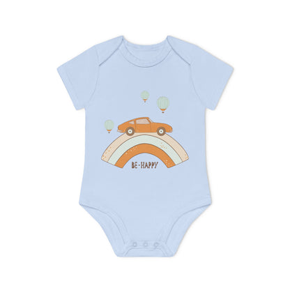 Vintage Car & Pastel Rainbow Organic Baby Onesie - Be Happy Print