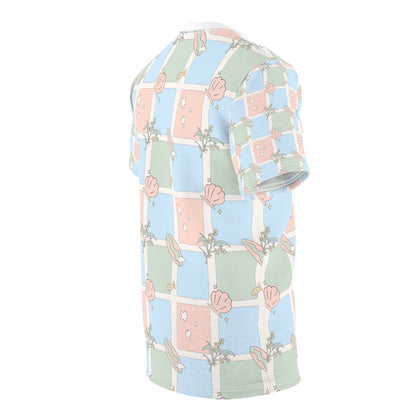 Pastel Beach Pattern Tee Australian Seashell & Palm All-Over Print Shirt