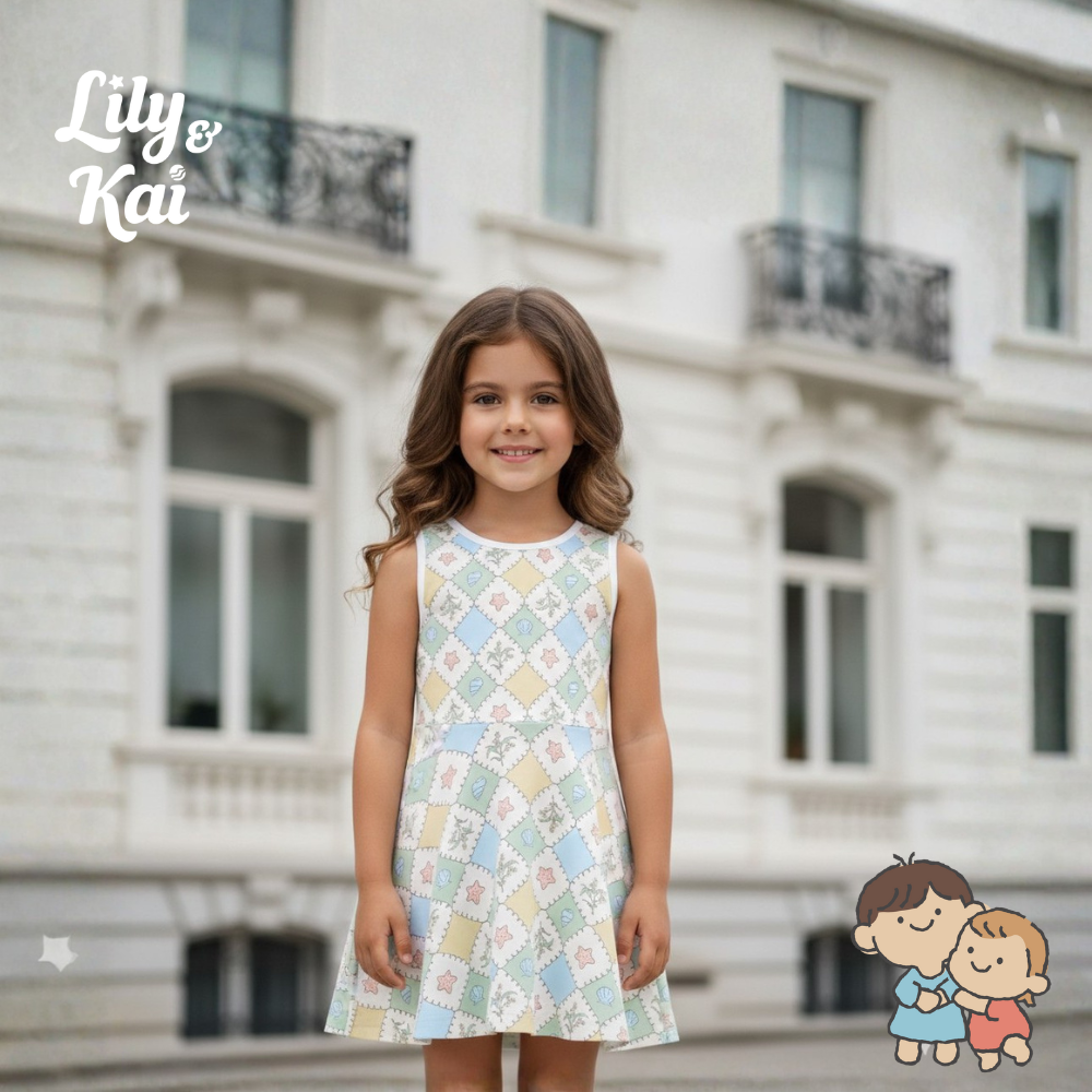 Patchwork Floral Seashell Print Girls Sundress Soft Summer