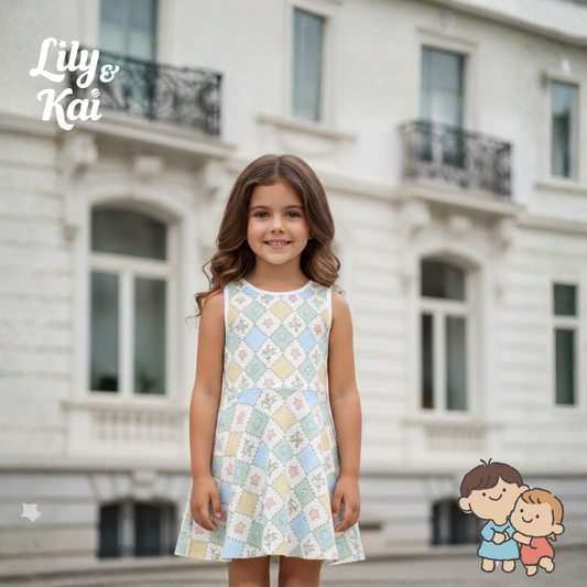 Patchwork Floral Seashell Print Girls Sundress Soft Summer